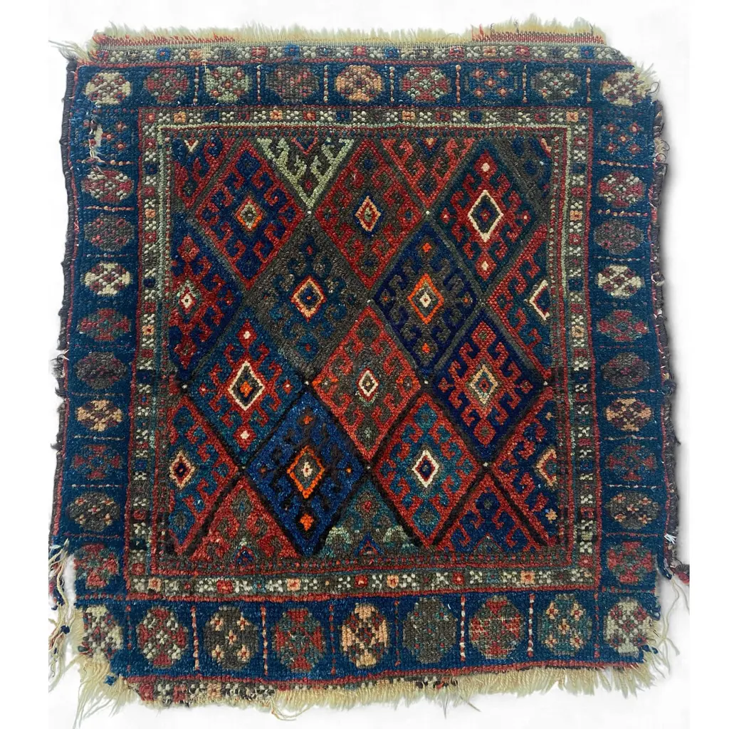 Bag face – wool, - pile - hooked lozenge lattice in central field - cell border - woven tassels. 55 x 52cm Image 1++